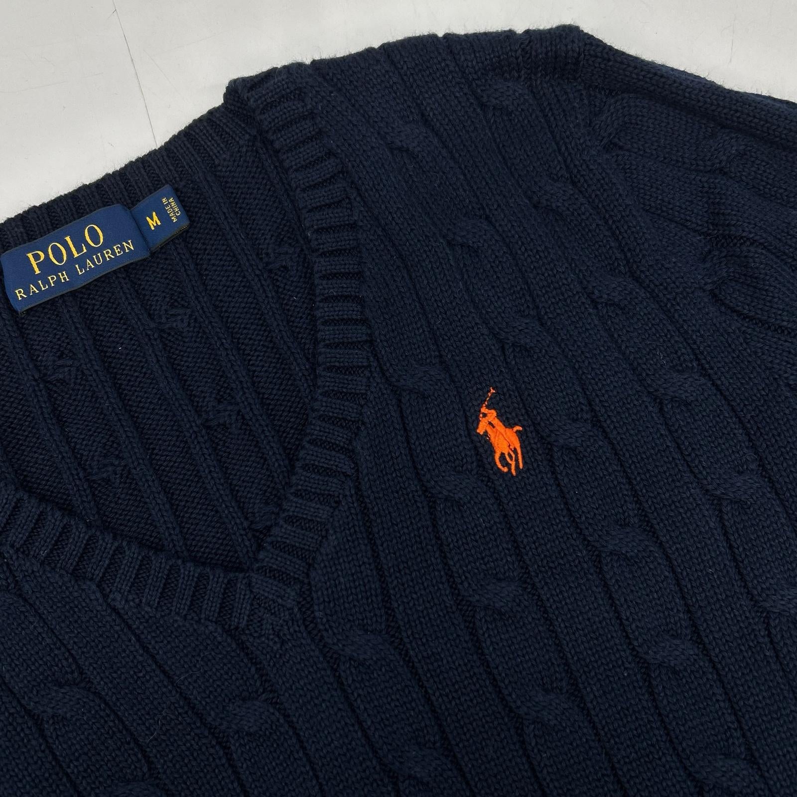 POLO RALPH LAUREN ポロ ラルフローレン ネイビー オレンジスモールポニー Vネック ケーブルニット トップス