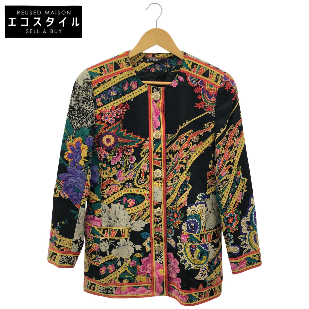 LEONARD Leonard 0271701 Black Silk All-Over-Pattern Collarless Jacket Jacket