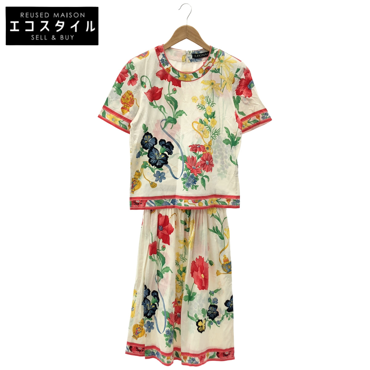 LEONARD レオナール Ivory Cotton Floral Print Cut-and-Sew Top and Skirt Two-Piece Set Suit Set-Up