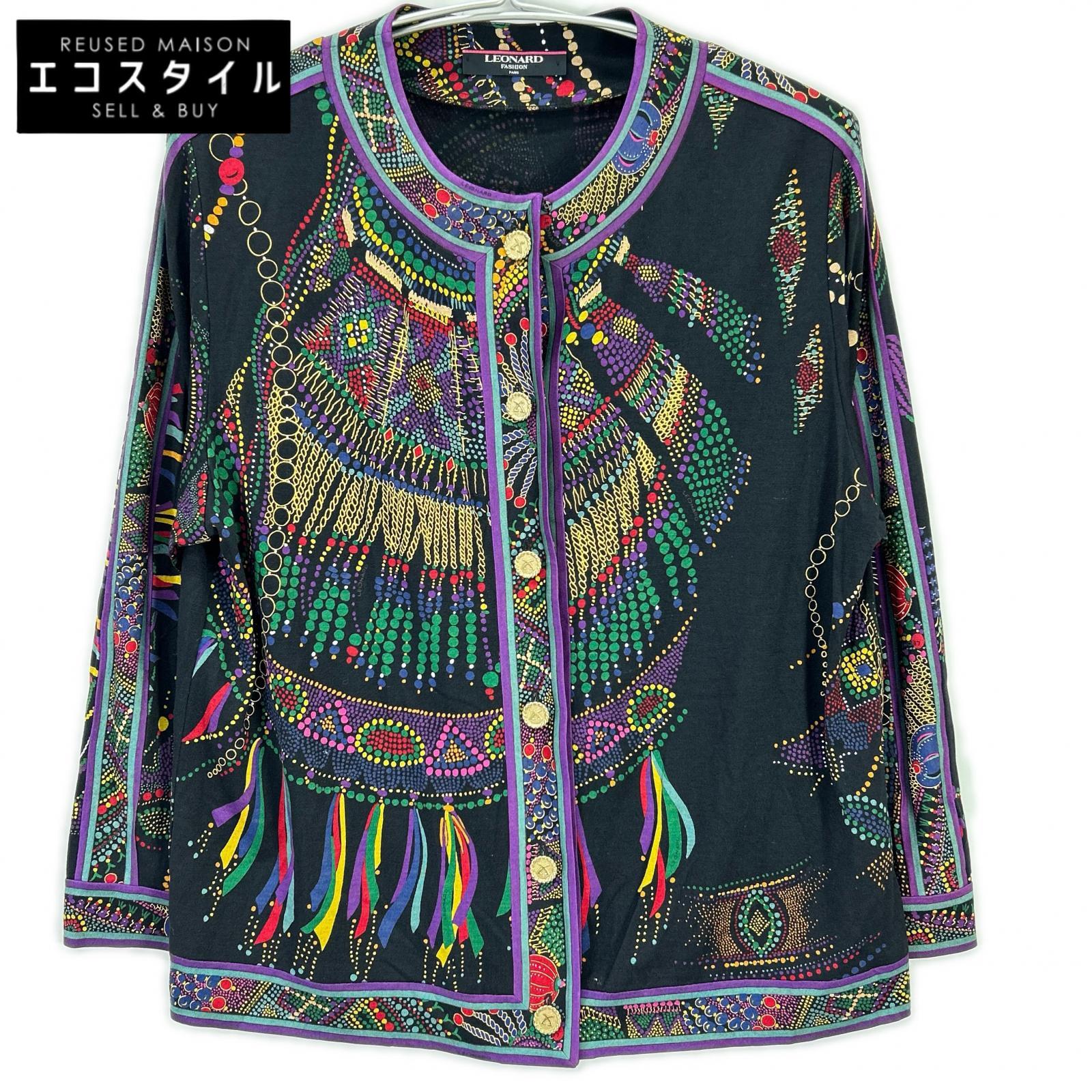LEONARD レオナール ブラック ウール×シルク ノーカラー シャツ トップス