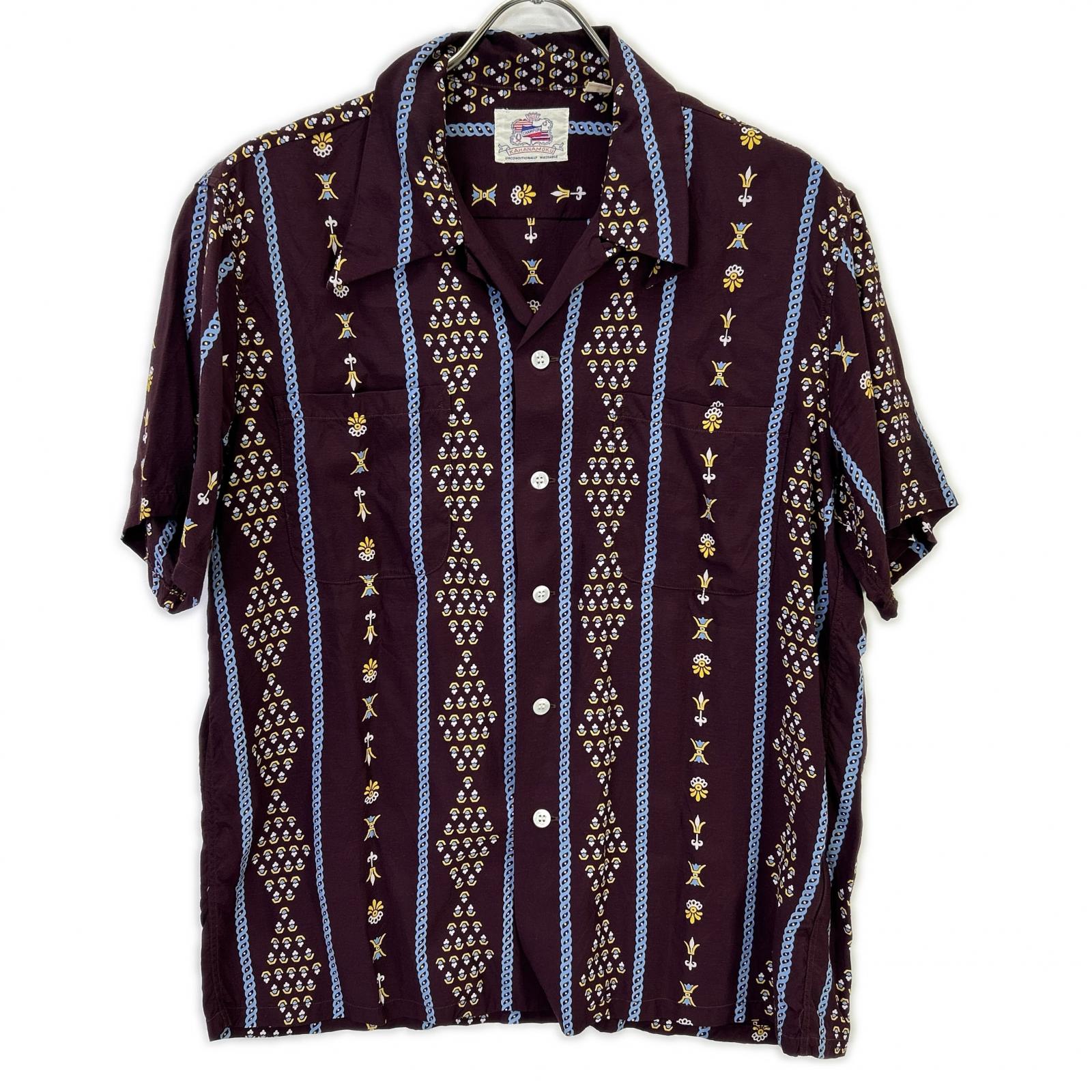 DK37251 Purple Border Pattern Rayon Aloha Shirt Top M Men's