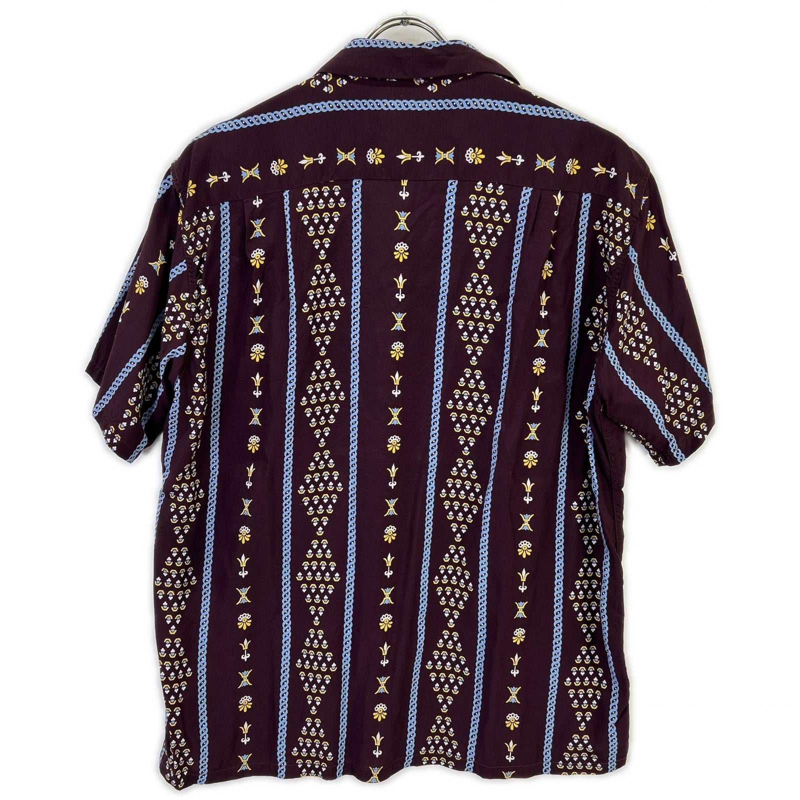 DK37251 Purple Border Pattern Rayon Aloha Shirt Top M Men's