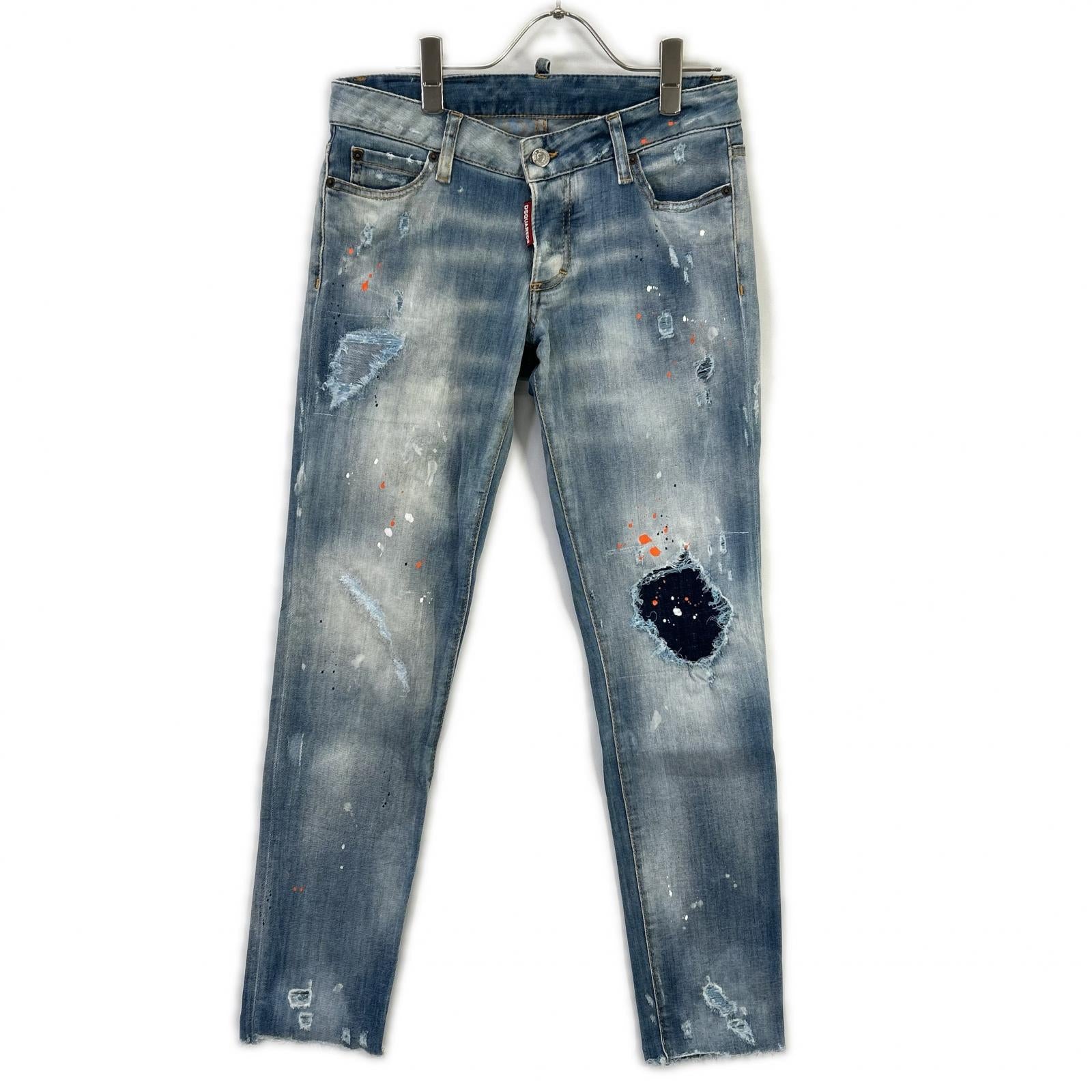 DSQUARED2 ディースクエアード S75LB0410 蓝色 破洞 油漆泼溅做旧 牛仔裤 下装