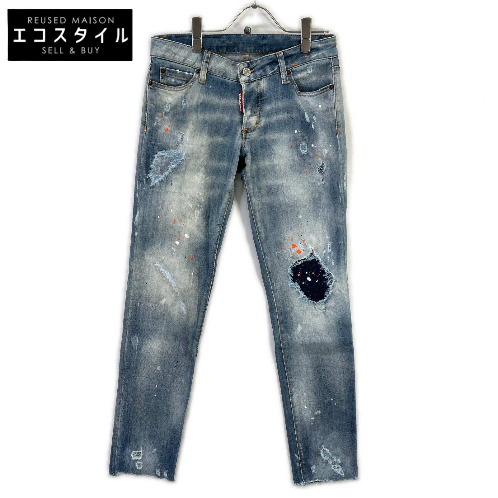 DSQUARED2 ディースクエアード S75LB0410 蓝色 破洞 油漆泼溅做旧 牛仔裤 下装