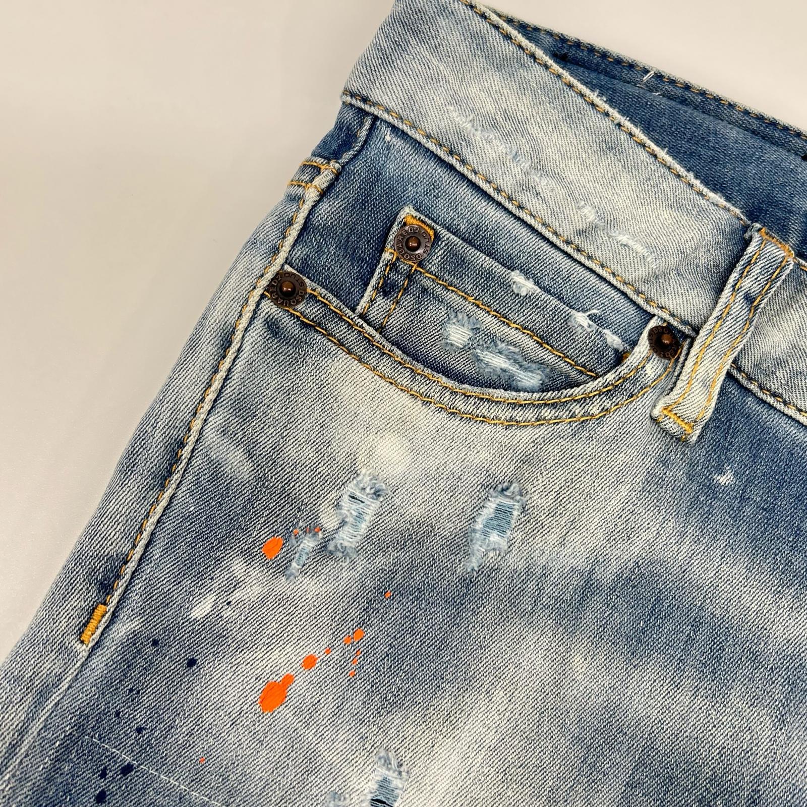 DSQUARED2 ディースクエアード S75LB0410 蓝色 破洞 油漆泼溅做旧 牛仔裤 下装