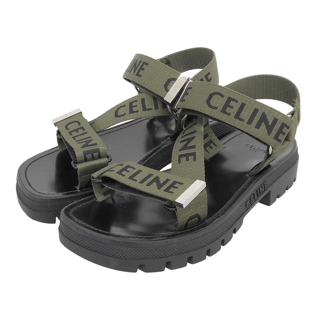 CELINE セリーヌ 美品 LEO STRAPPY ロゴ サンダル メンズ ブラック×カーキグリーン 39 シューズ