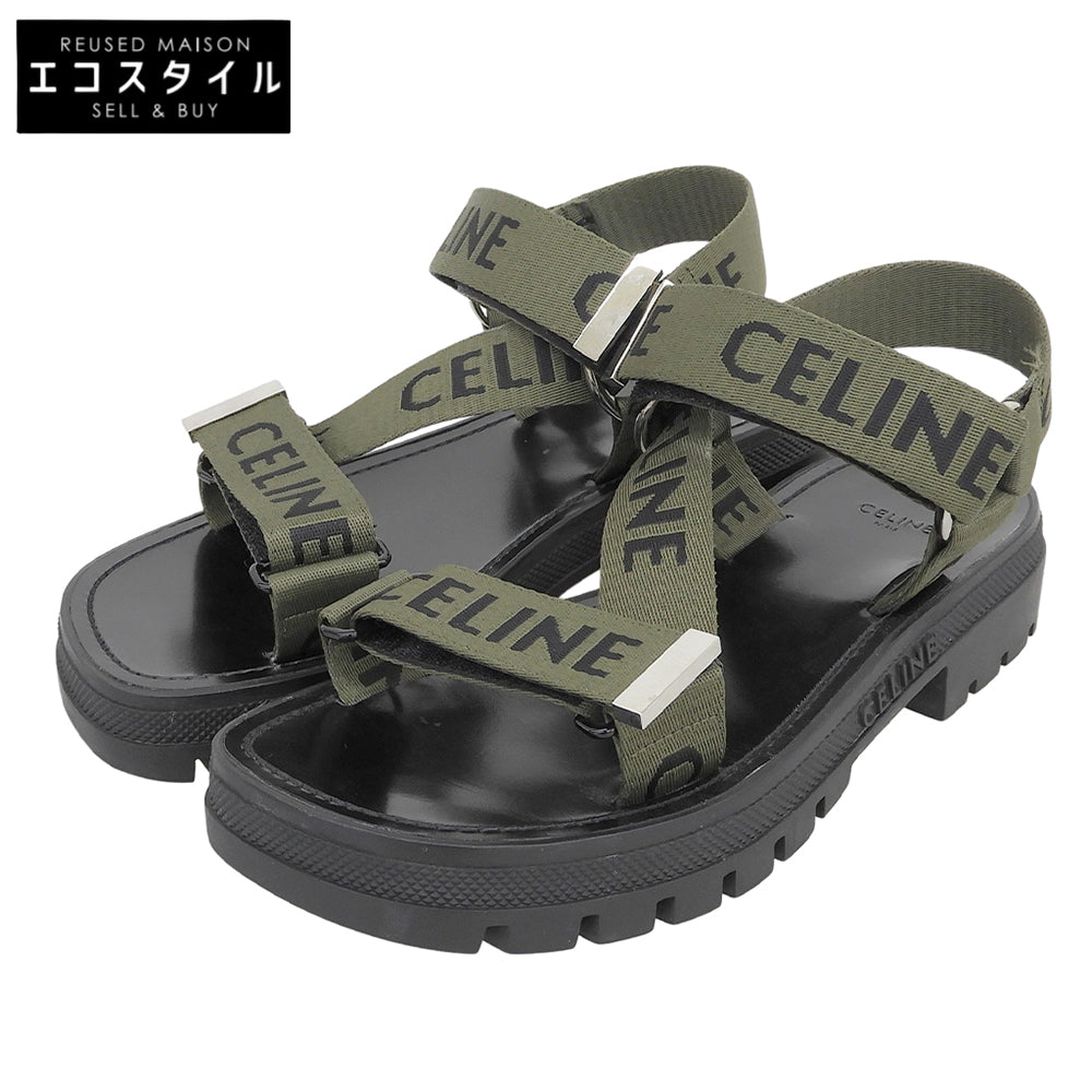 CELINE セリーヌ 美品 LEO STRAPPY ロゴ サンダル メンズ ブラック×カーキグリーン 39 シューズ