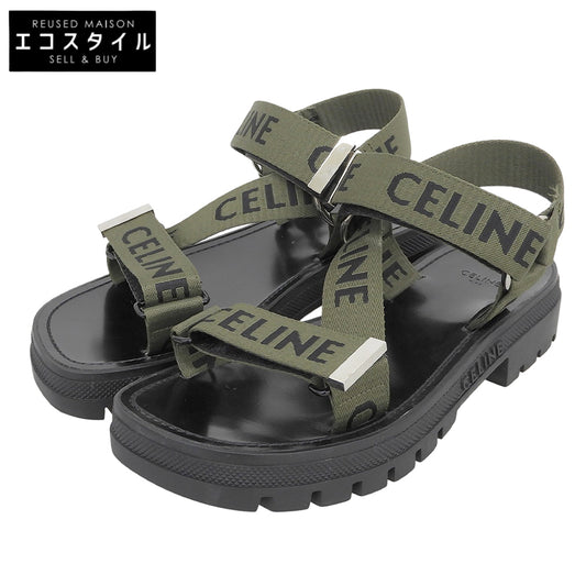 CELINE セリーヌ 美品 LEO STRAPPY ロゴ サンダル メンズ ブラック×カーキグリーン 39 シューズ