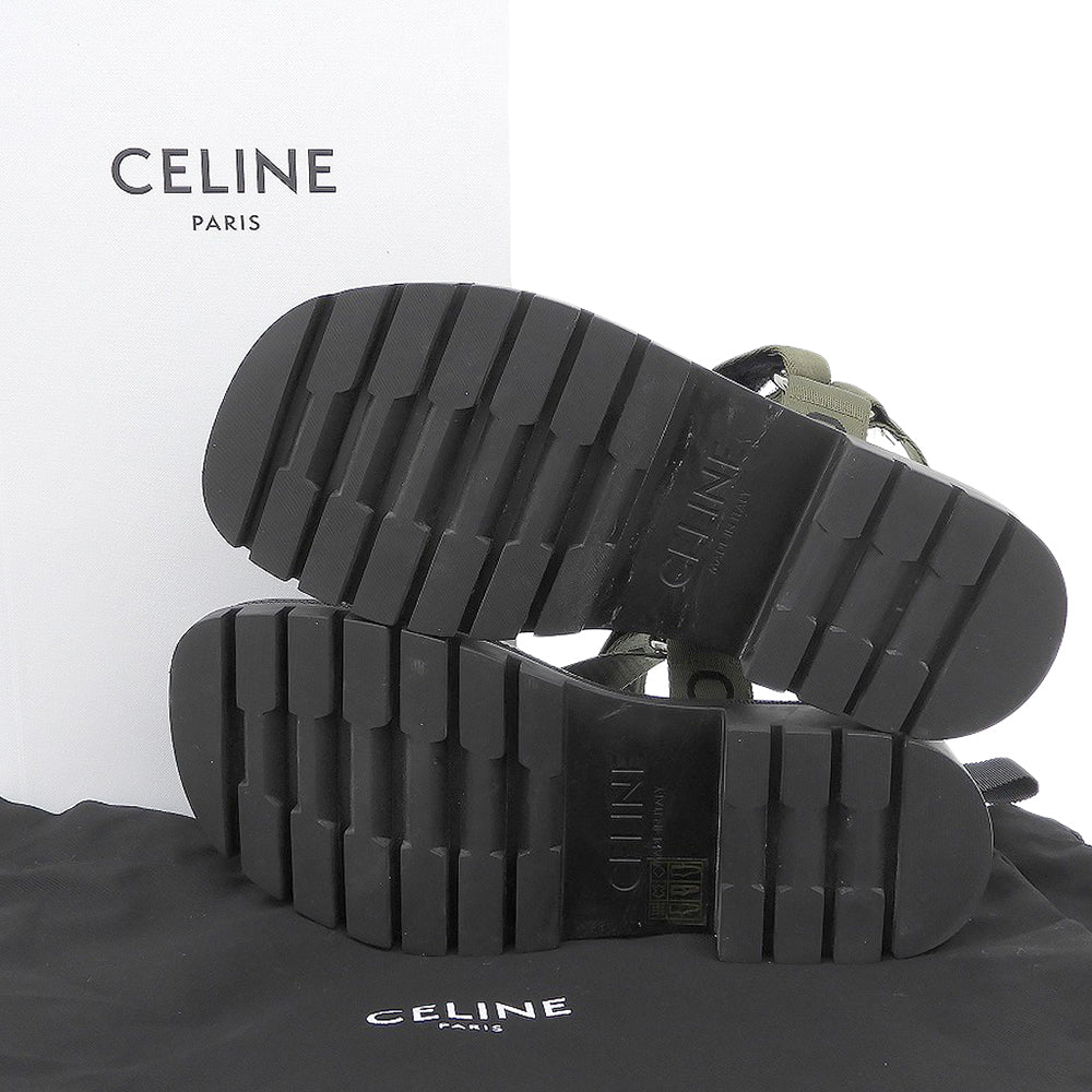 CELINE セリーヌ 美品 LEO STRAPPY ロゴ サンダル メンズ ブラック×カーキグリーン 39 シューズ