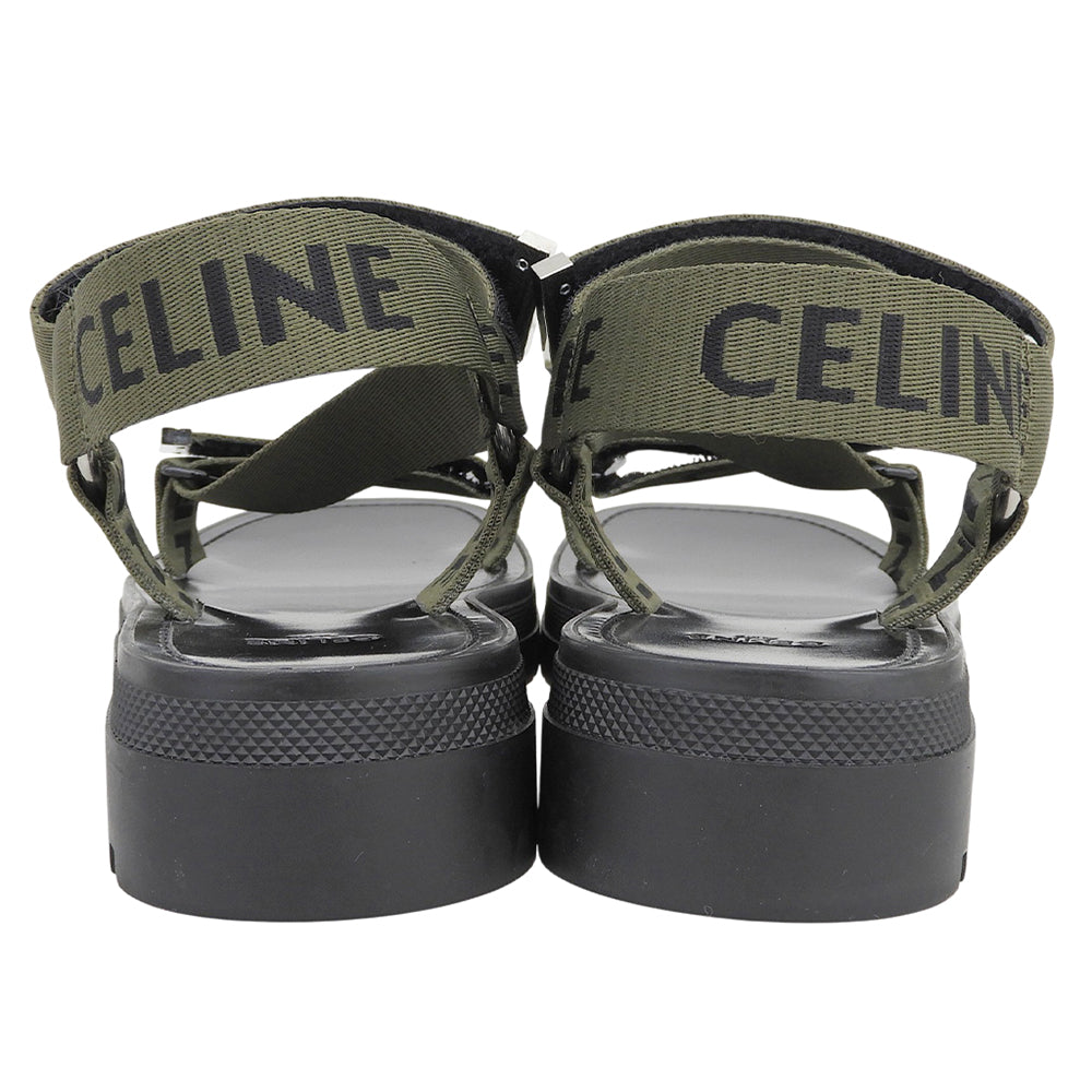 CELINE セリーヌ 美品 LEO STRAPPY ロゴ サンダル メンズ ブラック×カーキグリーン 39 シューズ
