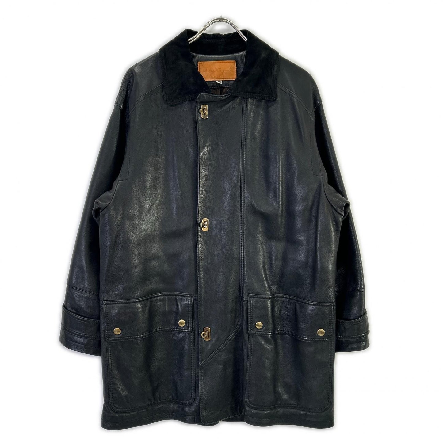 Salvatore Ferragamo Black Leather Suede Collar Gancini Button Leather Coat