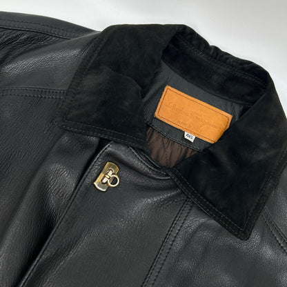 Salvatore Ferragamo Black Leather Suede Collar Gancini Button Leather Coat