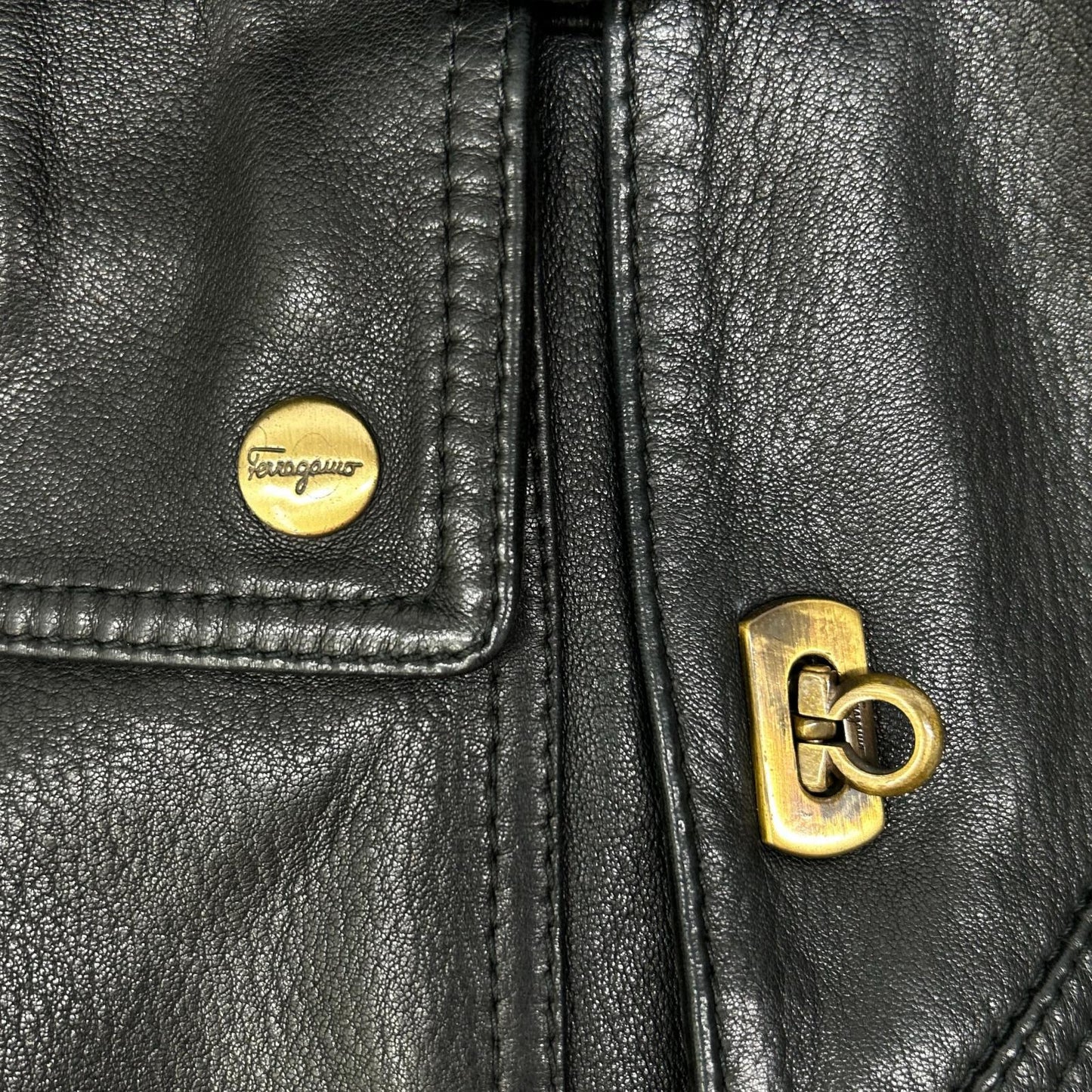 Salvatore Ferragamo Black Leather Suede Collar Gancini Button Leather Coat