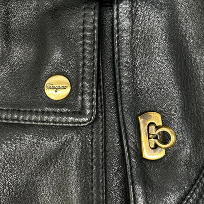 Salvatore Ferragamo Black Leather Suede Collar Gancini Button Leather Coat