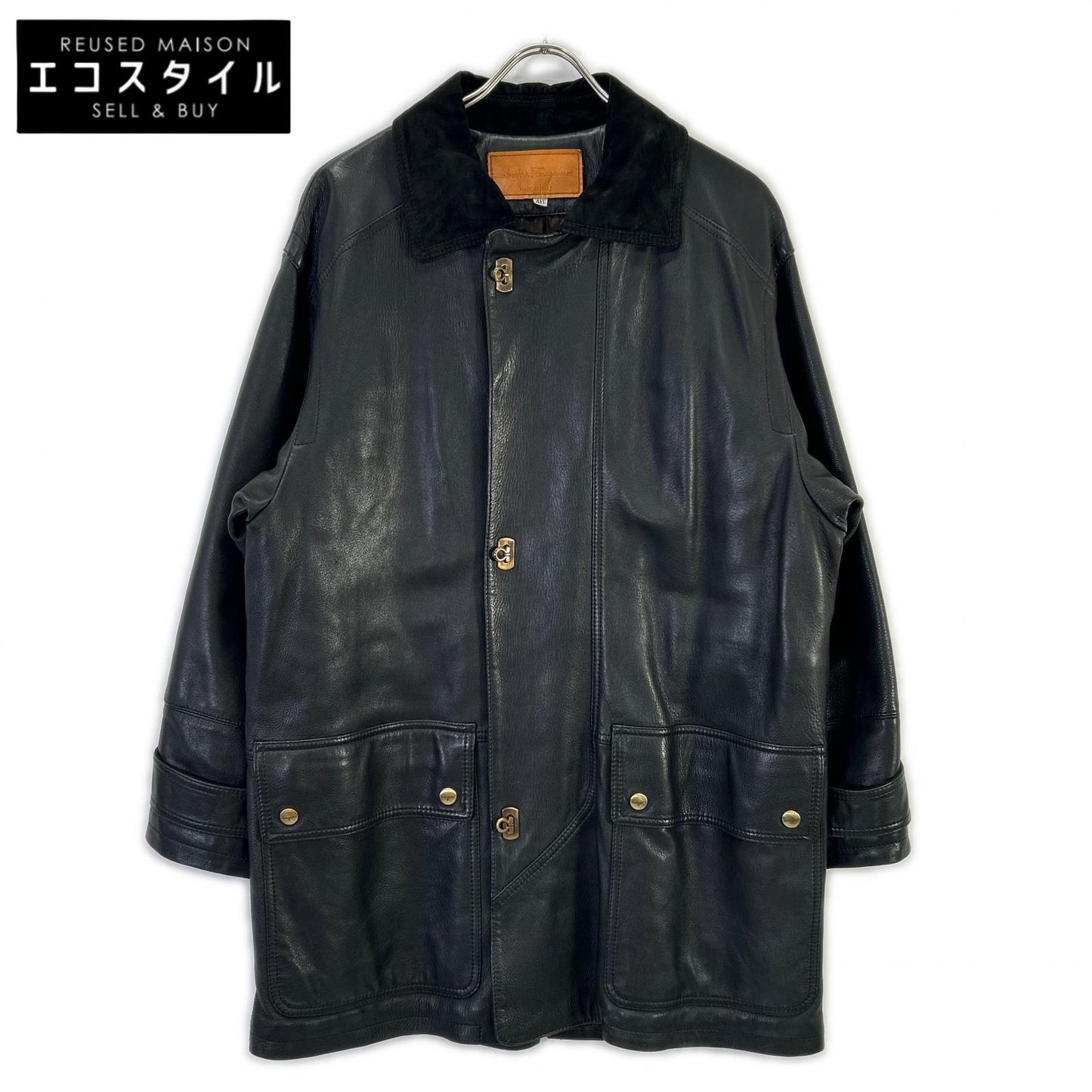 Salvatore Ferragamo Black Leather Suede Collar Gancini Button Leather Coat