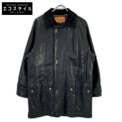 Salvatore Ferragamo Black Leather Suede Collar Gancini Button Leather Coat