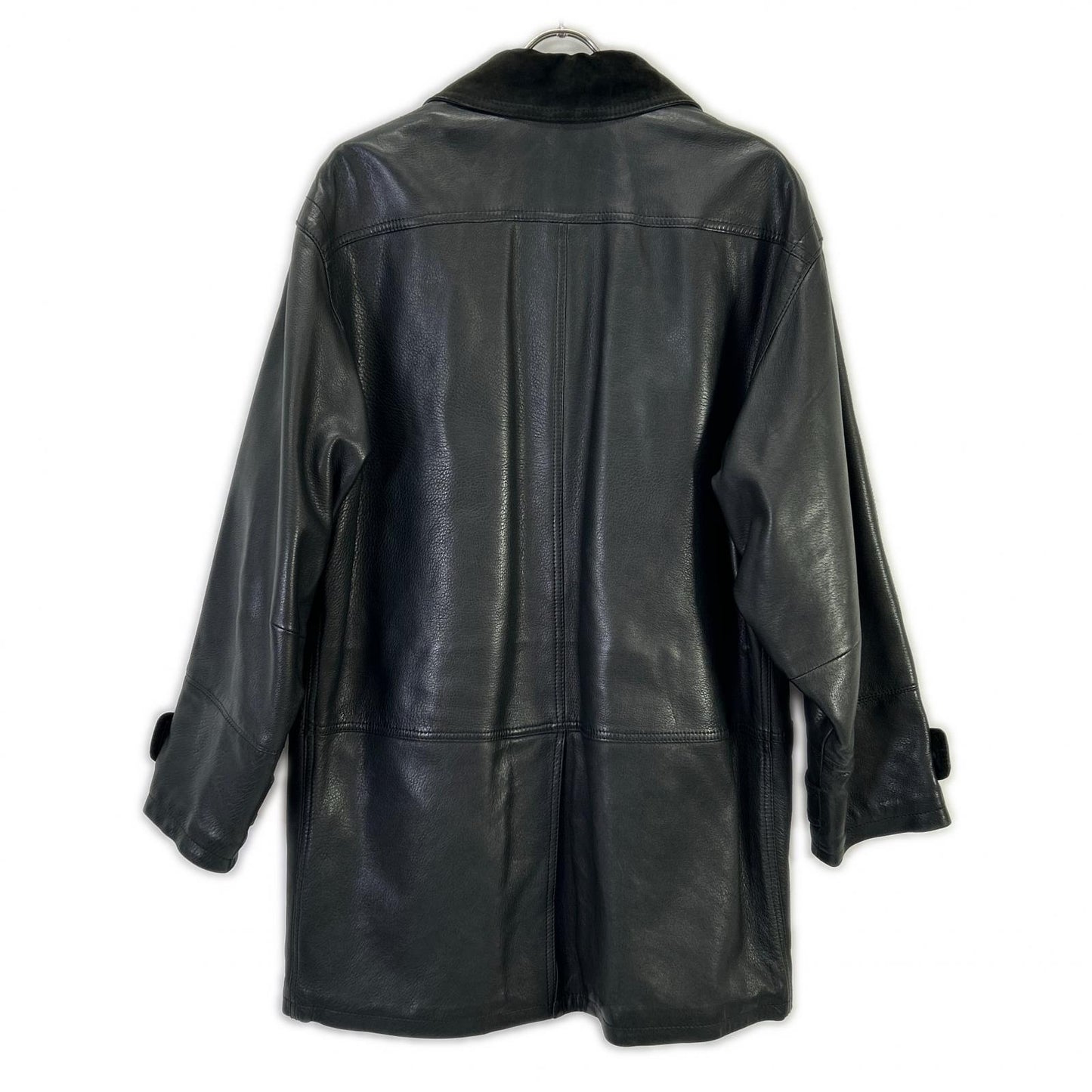 Salvatore Ferragamo Black Leather Suede Collar Gancini Button Leather Coat