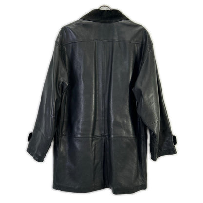 Salvatore Ferragamo Black Leather Suede Collar Gancini Button Leather Coat