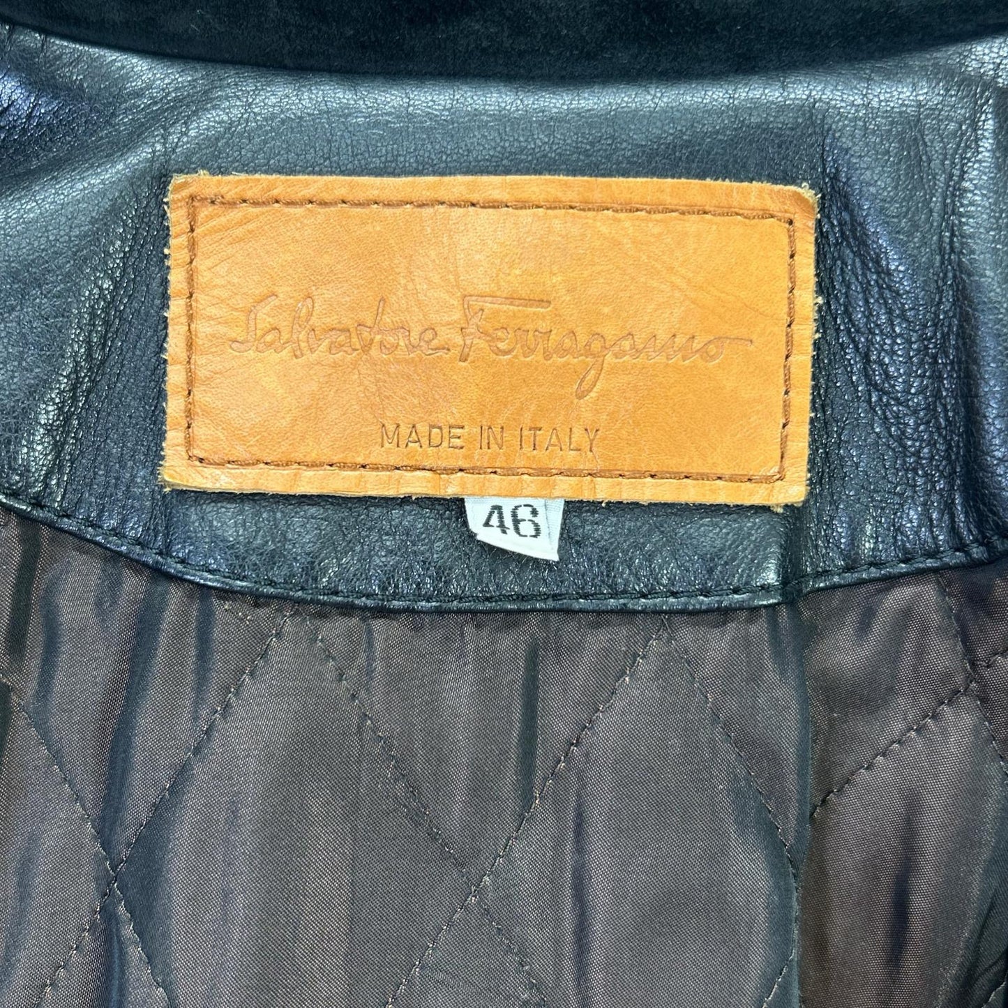 Salvatore Ferragamo Black Leather Suede Collar Gancini Button Leather Coat