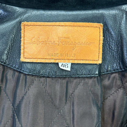 Salvatore Ferragamo Black Leather Suede Collar Gancini Button Leather Coat