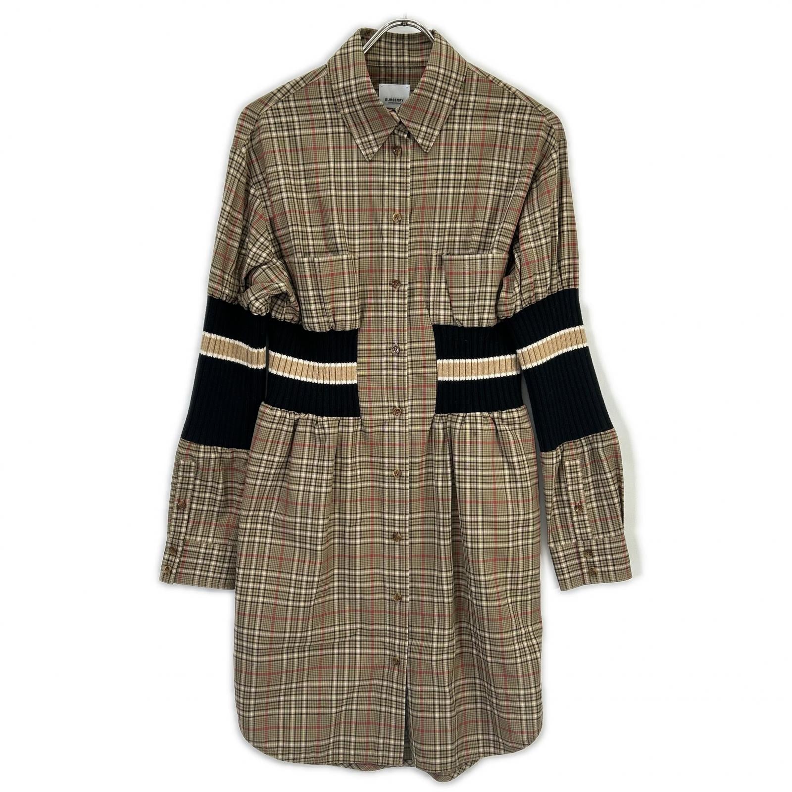 BURBERRY バーバリー 8036139 ティッシ期 ブラウン チェック コットン ニット切替 シャツワンピース ワンピース