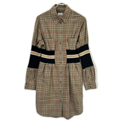 BURBERRY バーバリー 8036139 ティッシ期 ブラウン チェック コットン ニット切替 シャツワンピース ワンピース