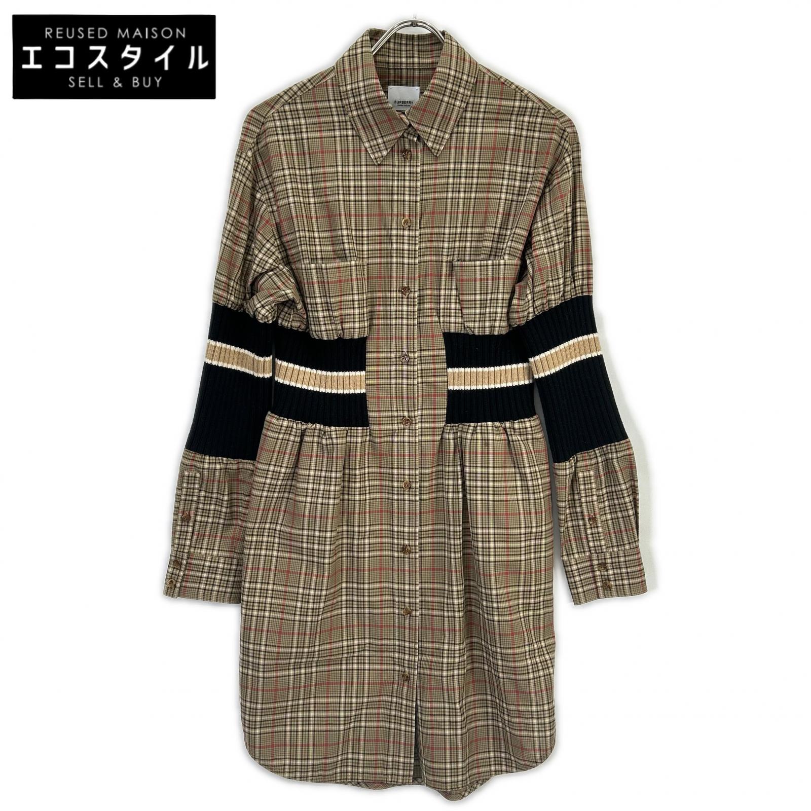 BURBERRY 8036139 Tisci Era Brown Check Cotton Knit-Panelled Shirt Dress