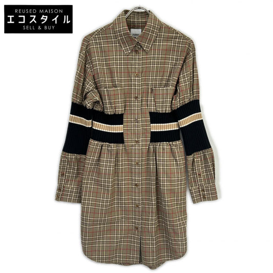 BURBERRY バーバリー 8036139 ティッシ期 ブラウン チェック コットン ニット切替 シャツワンピース ワンピース