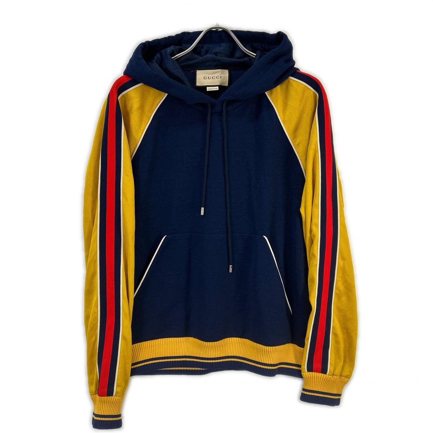 GUCCI グッチ 676100 ネイビー×イエロー GGロゴ ジャカード プルオーバーフーディ トップス