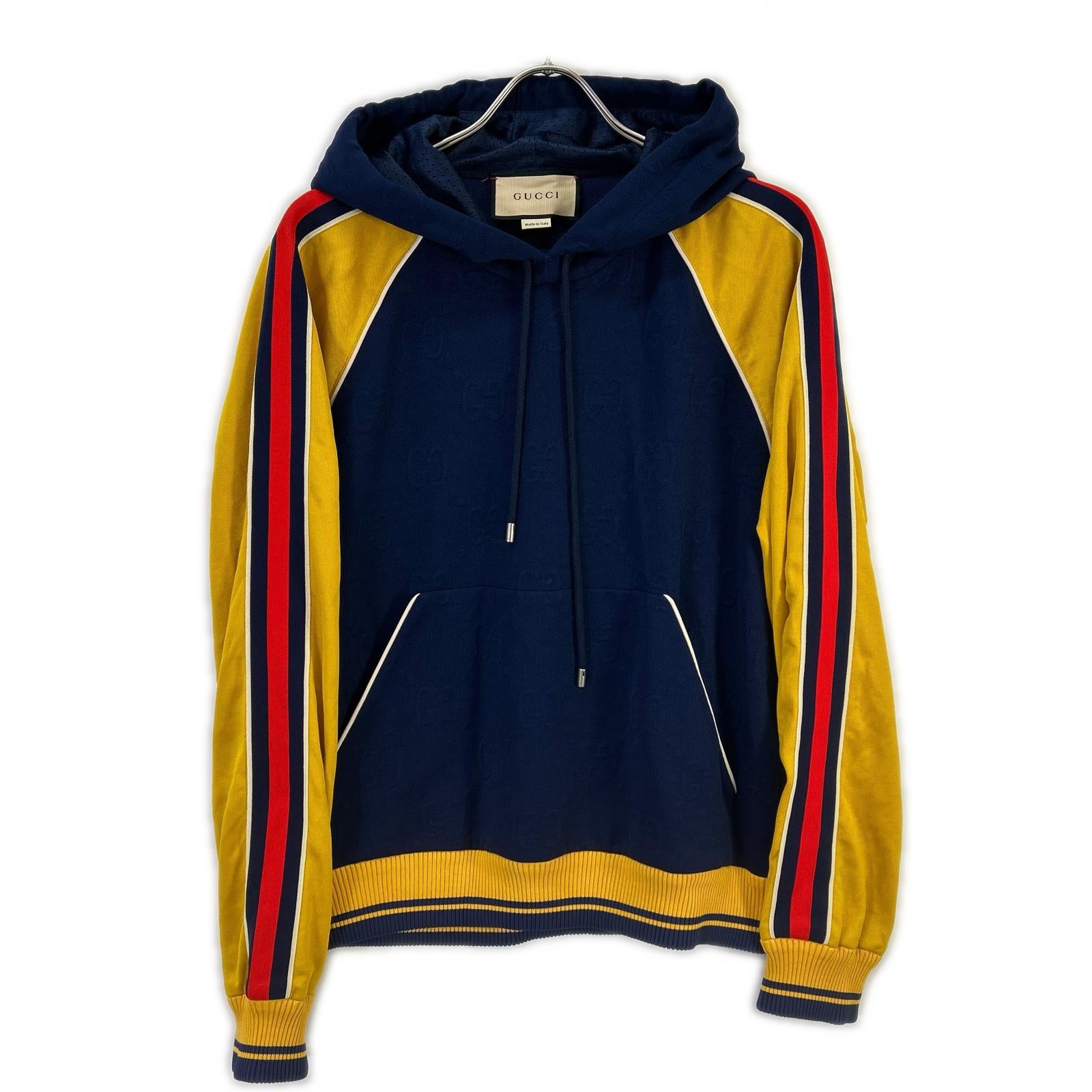 GUCCI グッチ 676100 ネイビー×イエロー GGロゴ ジャカード プルオーバーフーディ トップス