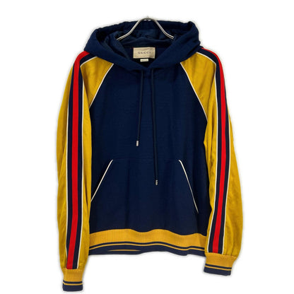 GUCCI グッチ 676100 ネイビー×イエロー GGロゴ ジャカード プルオーバーフーディ トップス