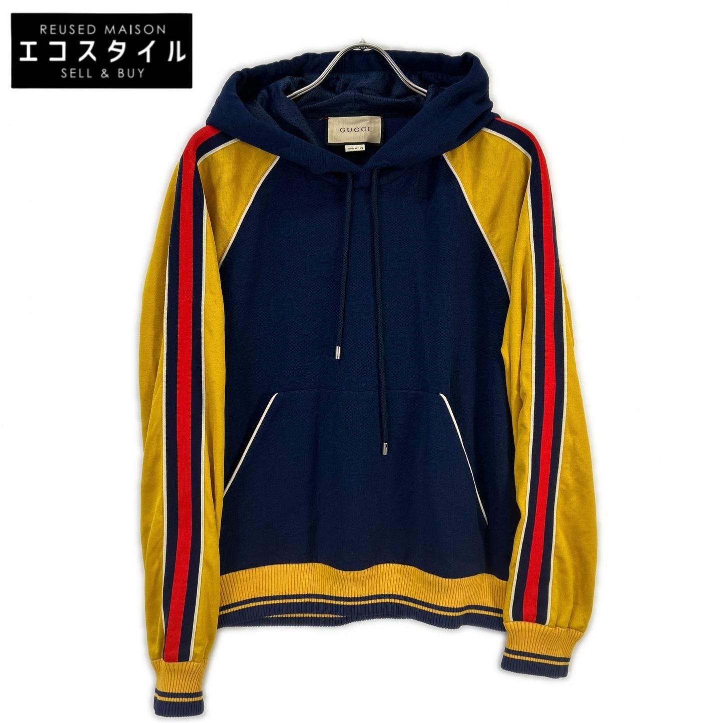 GUCCI グッチ 676100 ネイビー×イエロー GGロゴ ジャカード プルオーバーフーディ トップス