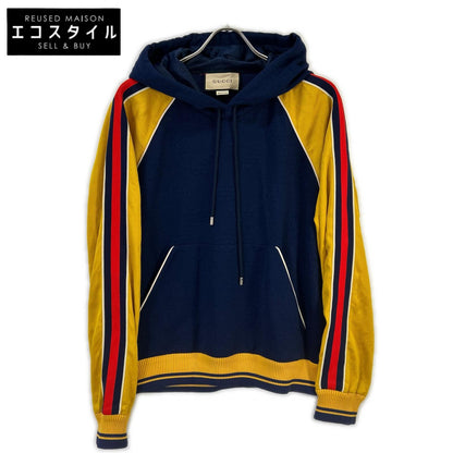 GUCCI グッチ 676100 ネイビー×イエロー GGロゴ ジャカード プルオーバーフーディ トップス
