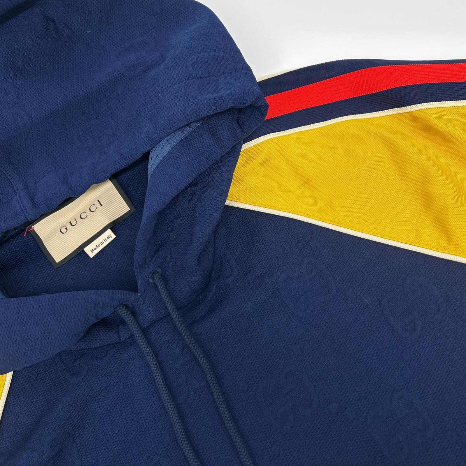 GUCCI グッチ 676100 ネイビー×イエロー GGロゴ ジャカード プルオーバーフーディ トップス