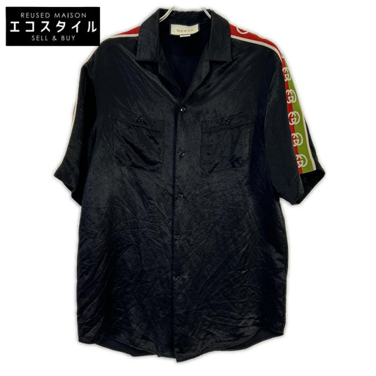 GUCCI グッチ 619025 ブラック TAPED LOGO SILK VACATION SHIRT トップス