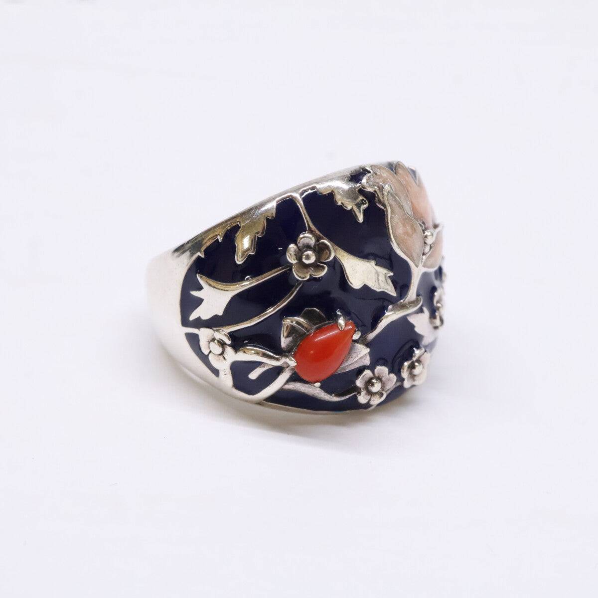 ROKUZAN 碌山 【美品】925 ウィリアムモリス 珊瑚/エナメル メドウェイ リング 指輪