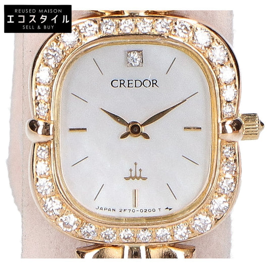 SEIKO CREDOR セイコー クレドール 仕上げ済み 18KT刻印 シェル文字盤 ダイヤモンドベゼル パールベルト クォーツ 腕時計