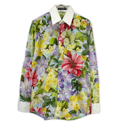 DOLCE&GABBANA ドルチェアンドガッバーナ ライトブルー フラワー総柄 カラー切り替え L/Sシャツ トップス