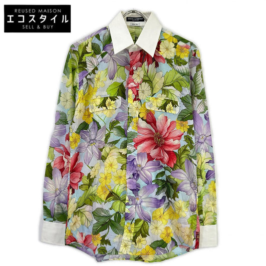 DOLCE&GABBANA ドルチェアンドガッバーナ ライトブルー フラワー総柄 カラー切り替え L/Sシャツ トップス