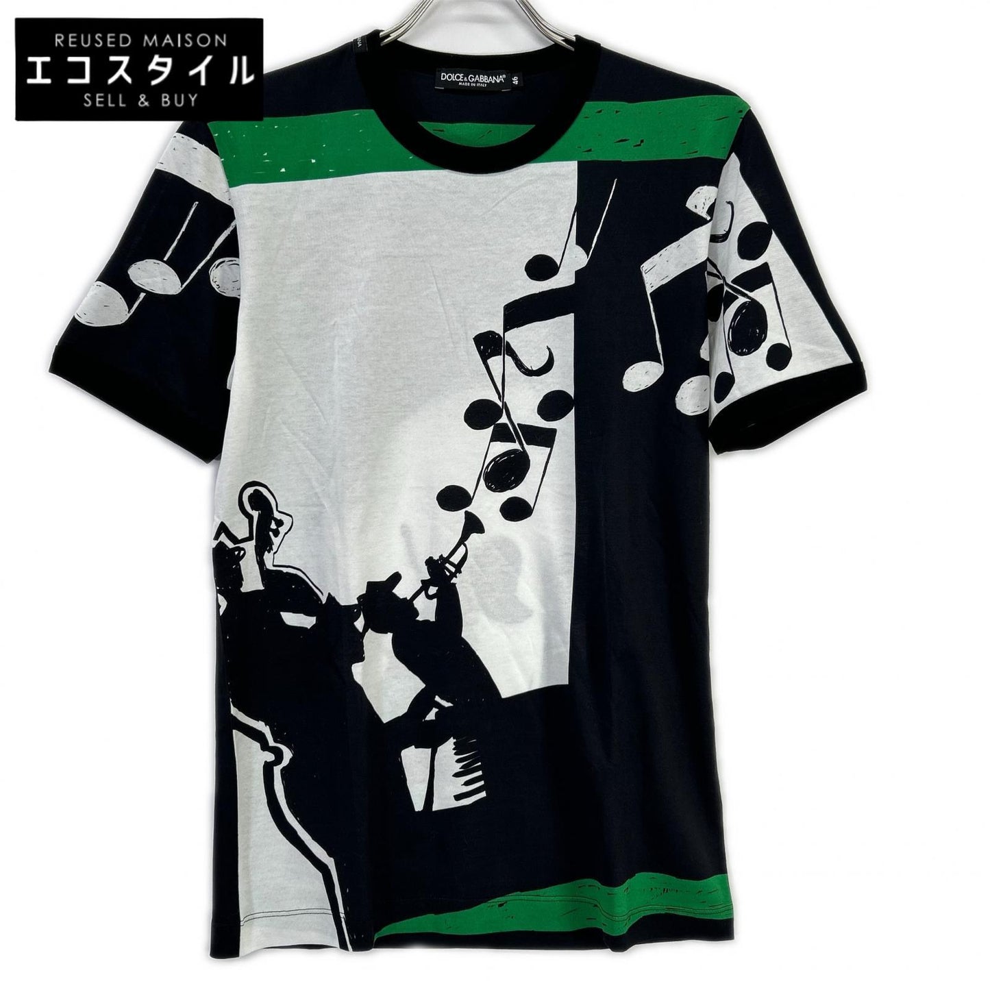 DOLCE&GABBANA ドルチェアンドガッバーナ ブラック×グリーン×ホワイト 音符デザイン プリントTシャツ トップス