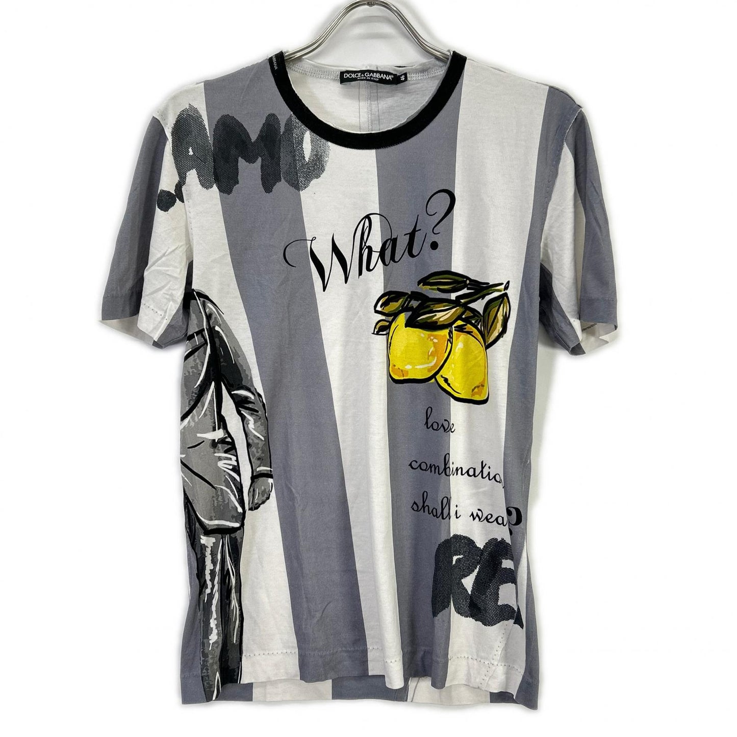 DOLCE&GABBANA ドルチェアンドガッバーナ G8GB5T FP7MT ホワイト×グレー コットン ストライプ WHAT? プリントTシャツ トップス