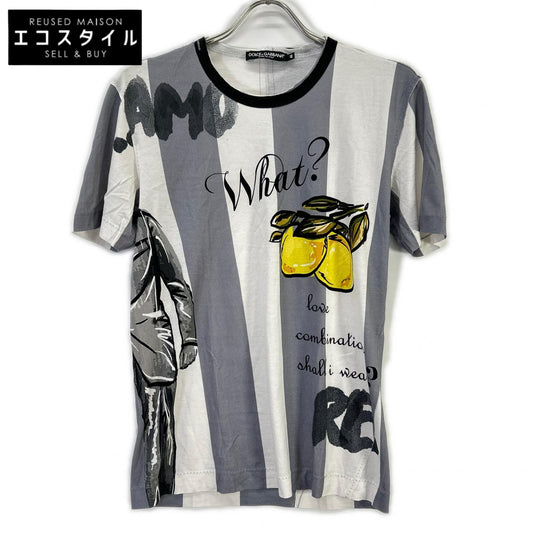 DOLCE&GABBANA ドルチェアンドガッバーナ G8GB5T FP7MT ホワイト×グレー コットン ストライプ WHAT? プリントTシャツ トップス