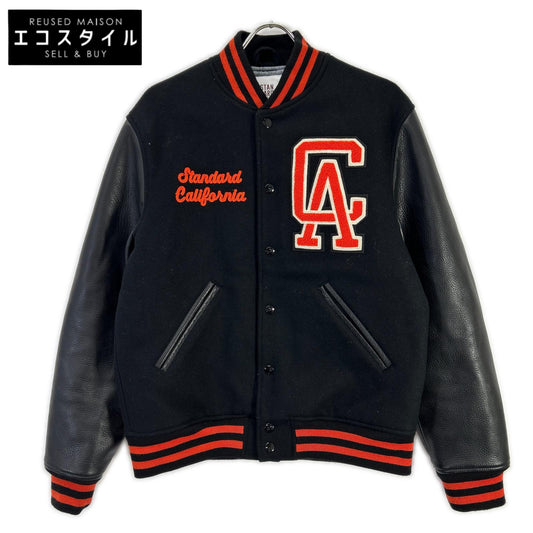 STANDARD CALIFORNIA Orange × Black Wool Leather-Panel Varsity Jacket