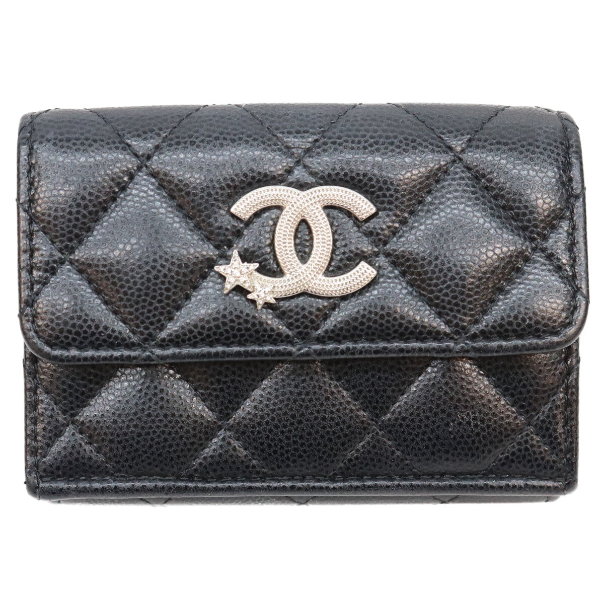 CHANEL シャネル AP3725 黒 ココマーク スター キャビアスキン シルバー金具 三つ折り 財布 三つ折り財布（小銭入れあり）