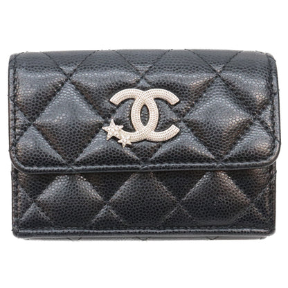 CHANEL シャネル AP3725 黒 ココマーク スター キャビアスキン シルバー金具 三つ折り 財布 三つ折り財布（小銭入れあり）