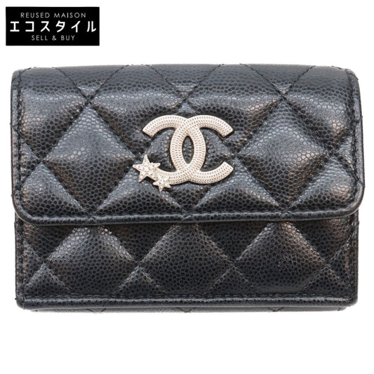 CHANEL シャネル AP3725 黒 ココマーク スター キャビアスキン シルバー金具 三つ折り 財布 三つ折り財布（小銭入れあり）