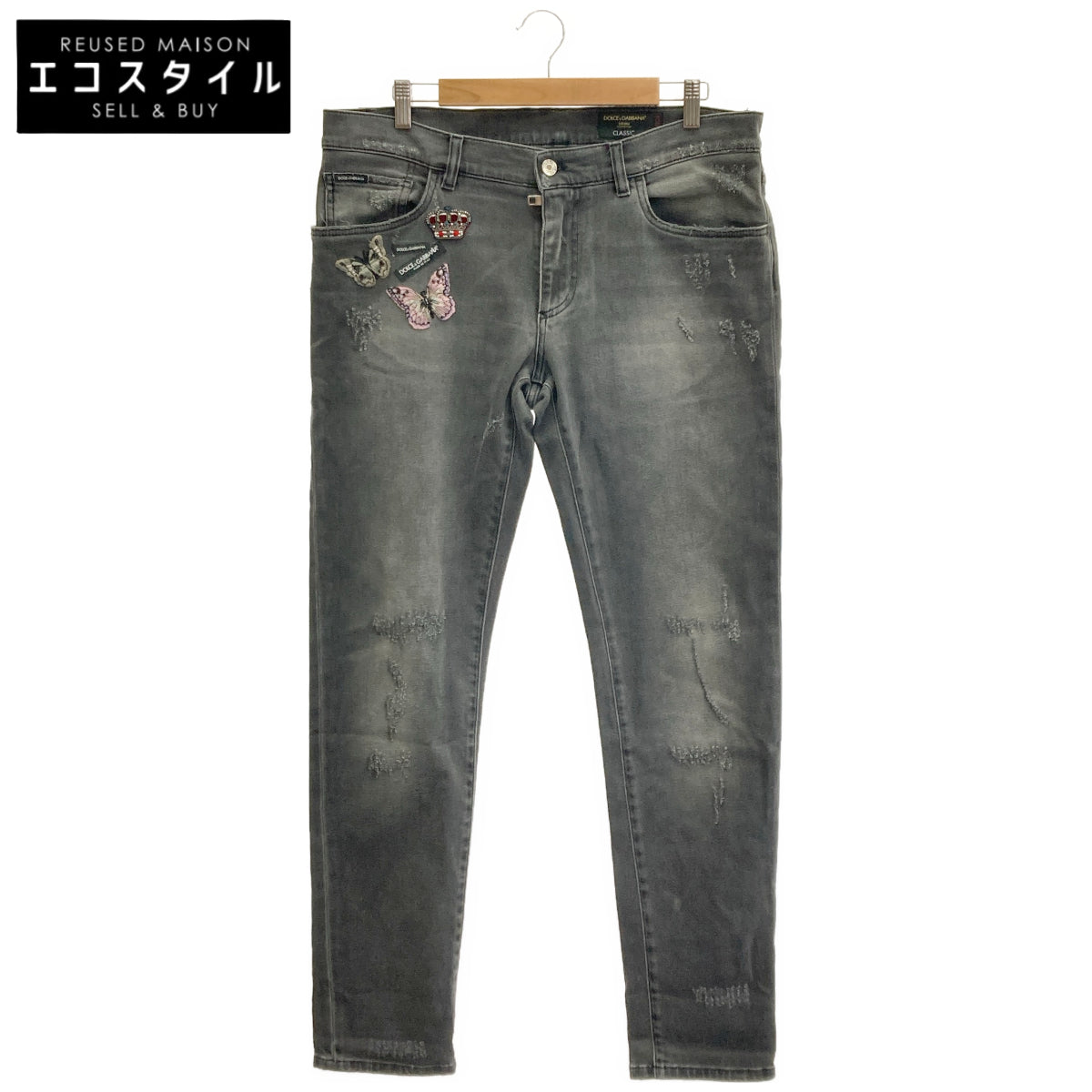 DOLCE&GABBANA ドルチェアンドガッバーナ GY07LZ ブラック CLASSIC 薔薇ワッペン ダメージデニムパンツ ボトムス