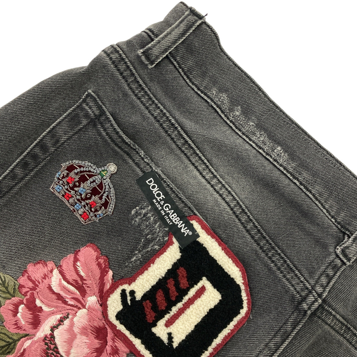 DOLCE&GABBANA ドルチェアンドガッバーナ GY07LZ ブラック CLASSIC 薔薇ワッペン ダメージデニムパンツ ボトムス