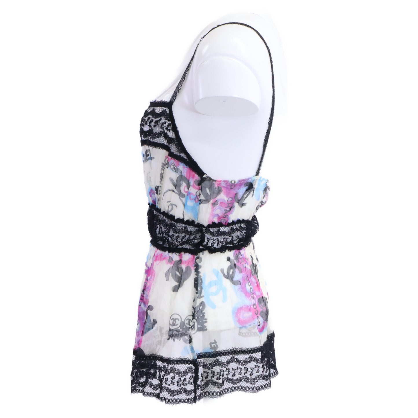 CHANEL 07C P29955V19739 Silk Graffiti CC Lace-Trim Camisole Tops