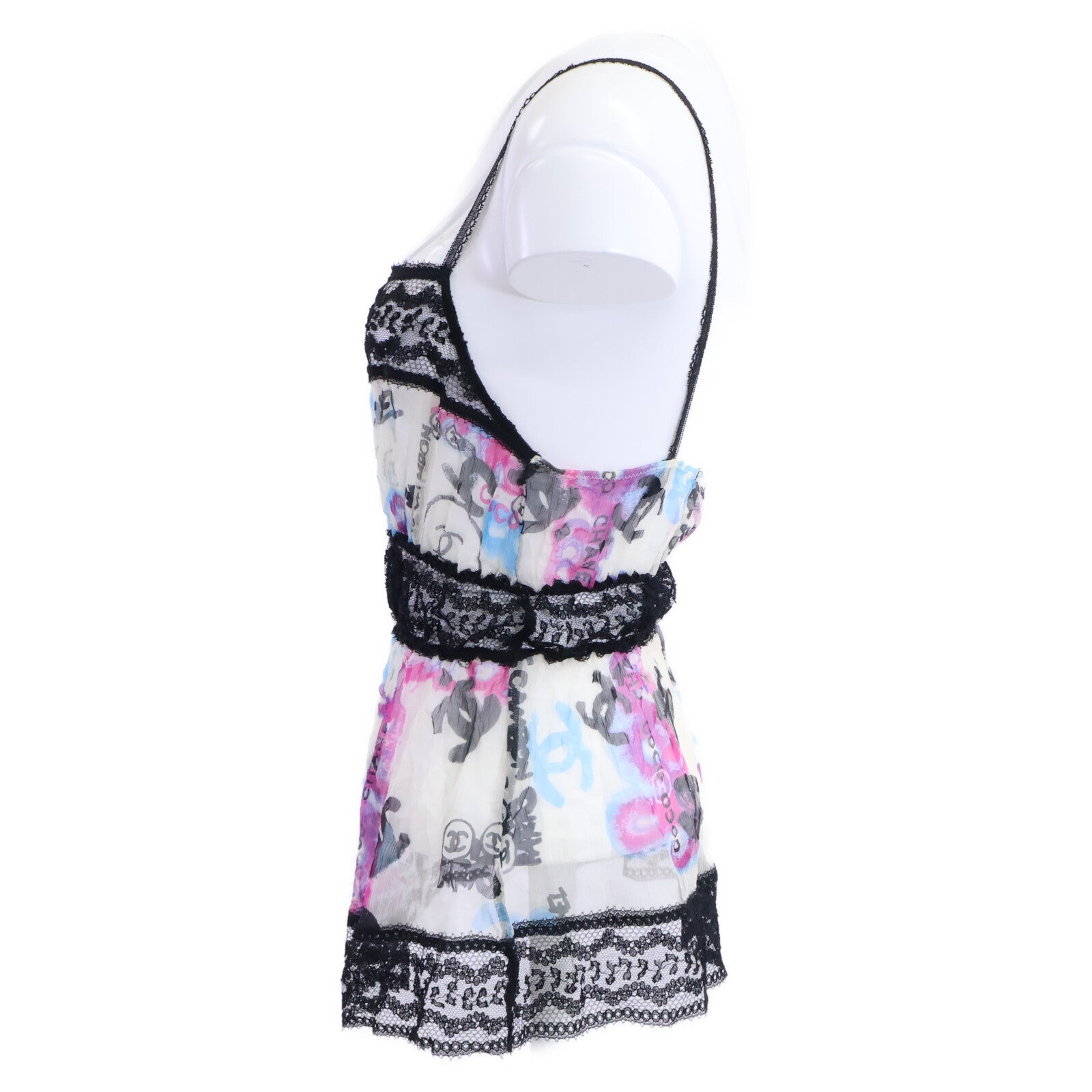 CHANEL 07C P29955V19739 Silk Graffiti CC Lace-Trim Camisole Tops